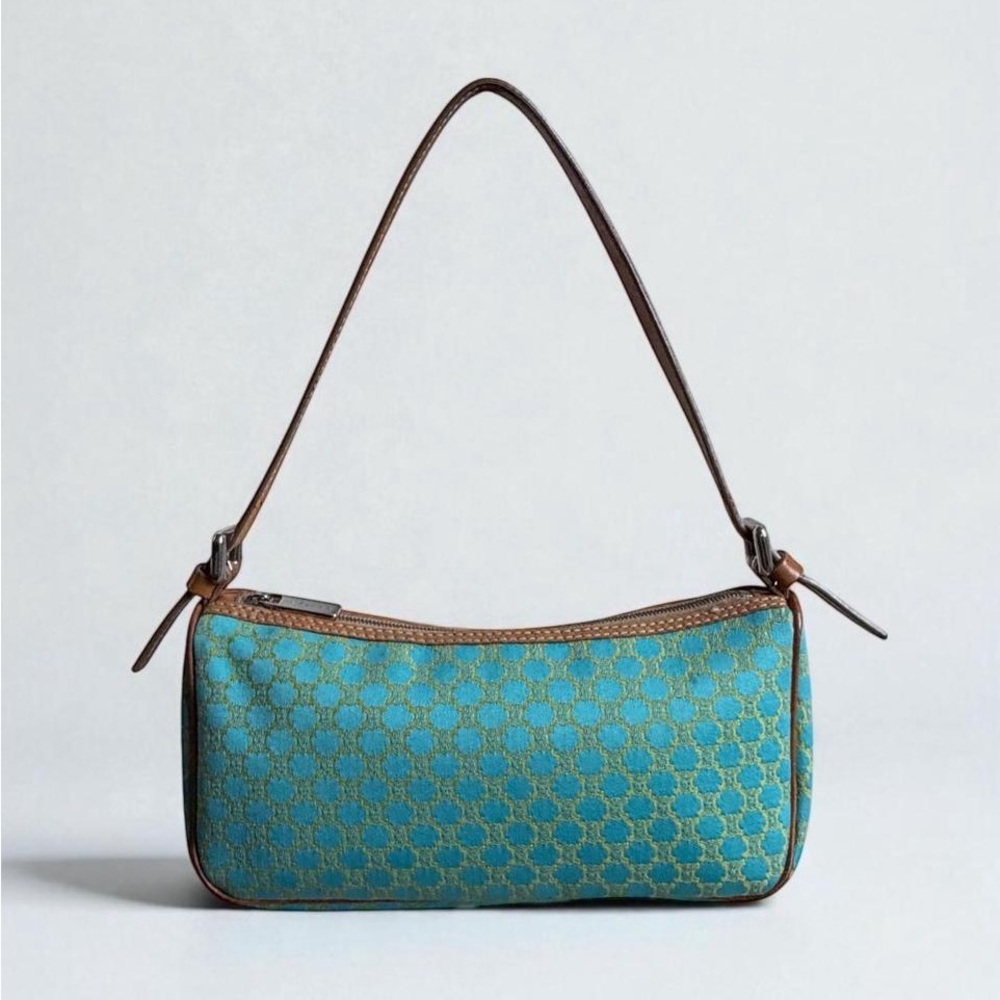 CELINE satin purse in iridescent aqua and yellow monogram